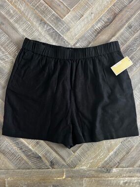 Michael Kors Black High-Waist Elastic-Waist Shorts 55% Linen